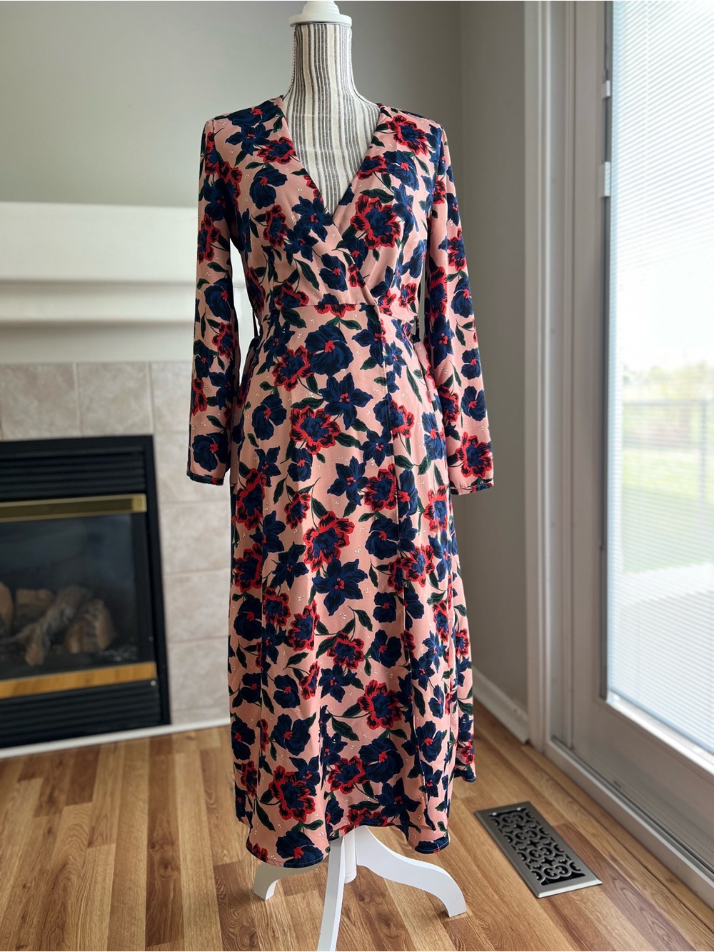 Midi Wrap Dress with Navy & Red Flowers